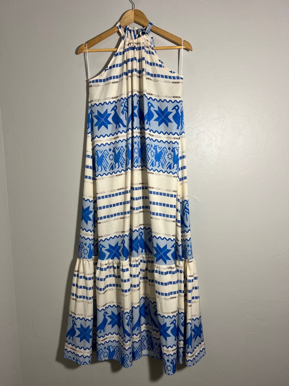 Blue and Ivory Halter Maxi Dress with Geometric Print